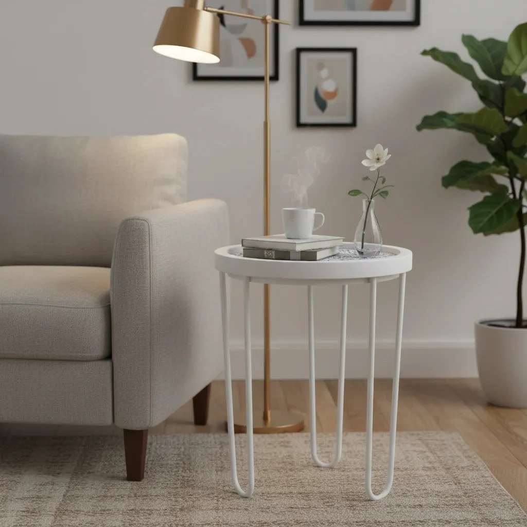 P7 Handcrafted Round Side Table with Blue Floral Enamel Top and White Iron Hairpin Legs (10*15)