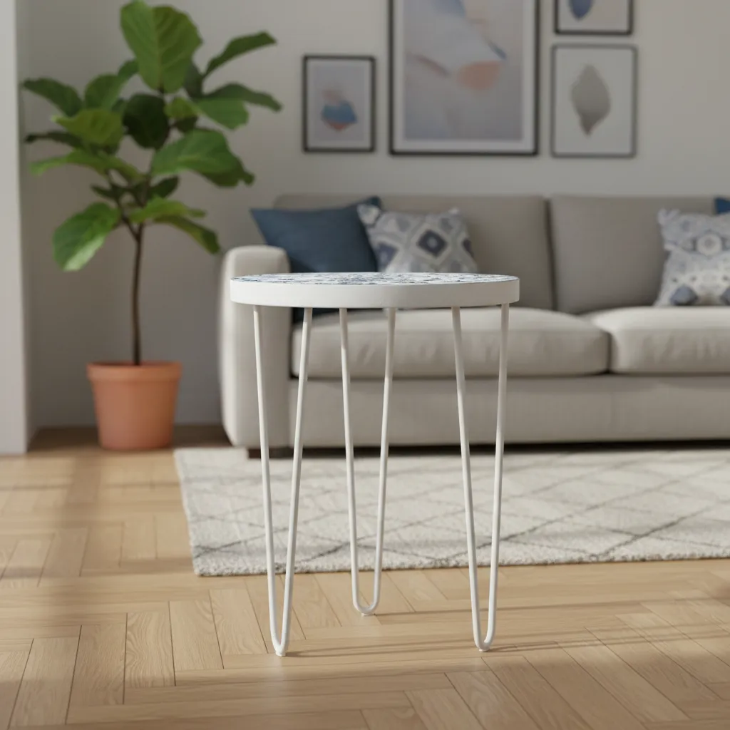 Hand-Painted Mandala Side Table with White Hairpin Legs