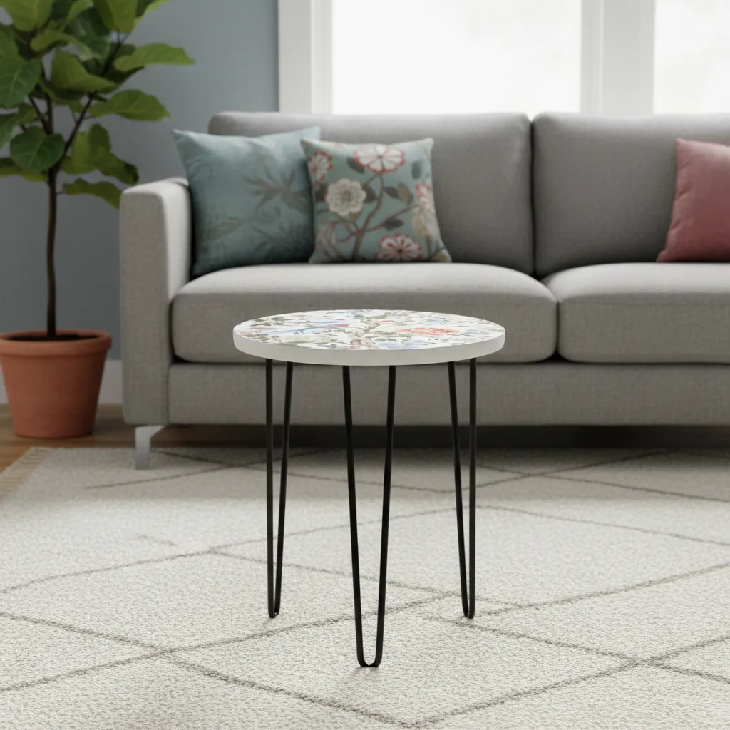 P10 Hand-Painted Chinoiserie Accent Side Table – Round Enamel Top with Bird (10*15)