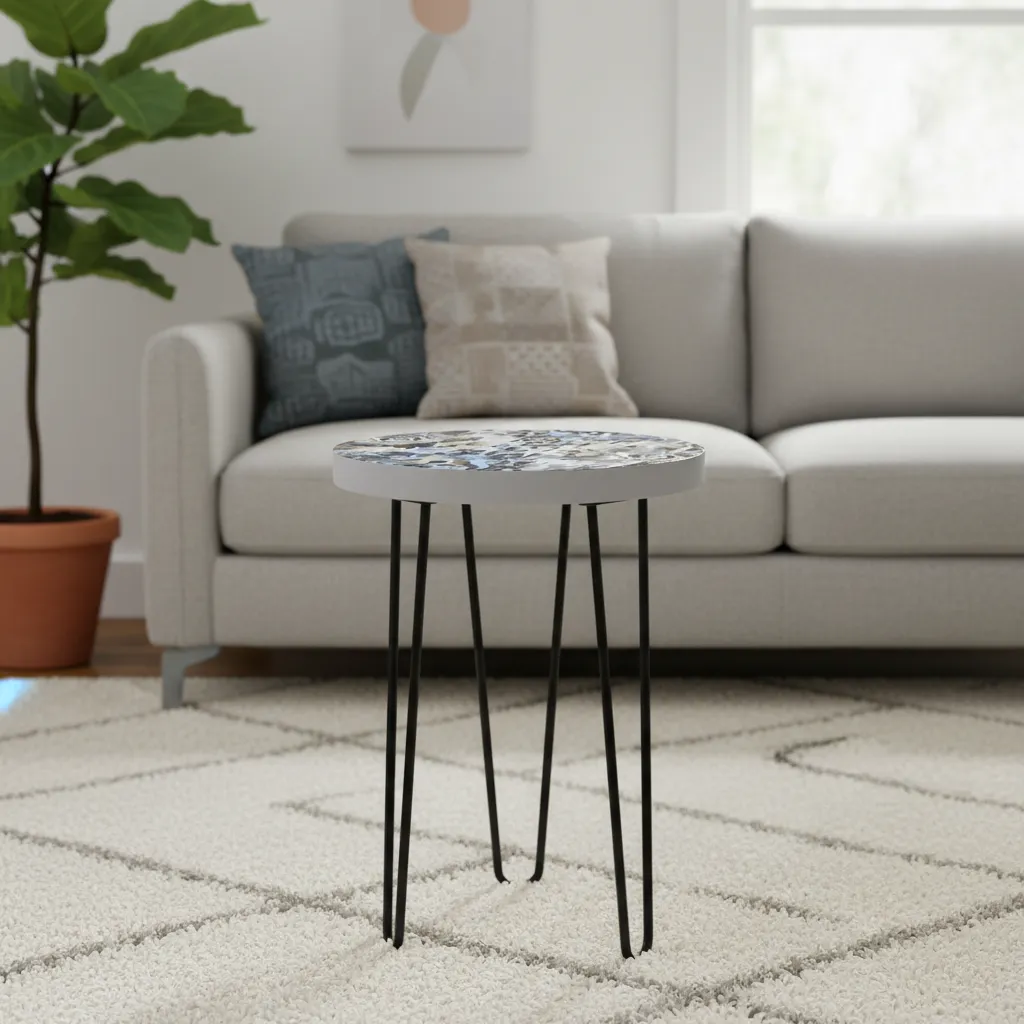 Handcrafted Round Wooden Side Table with Abstract Enamel Art and Iron Hairpin Legs