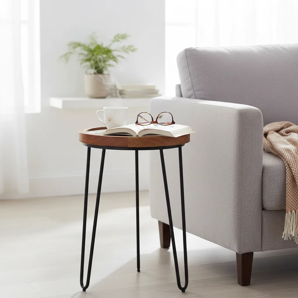 Modern Round Accent Stool with Decorative Botanical Inlay and Industrial Tripod Base – Small, Medium & Large