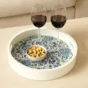 P16 Chic Round Wooden Serving Tray with Blue & White Floral Decal, Enamel Coated