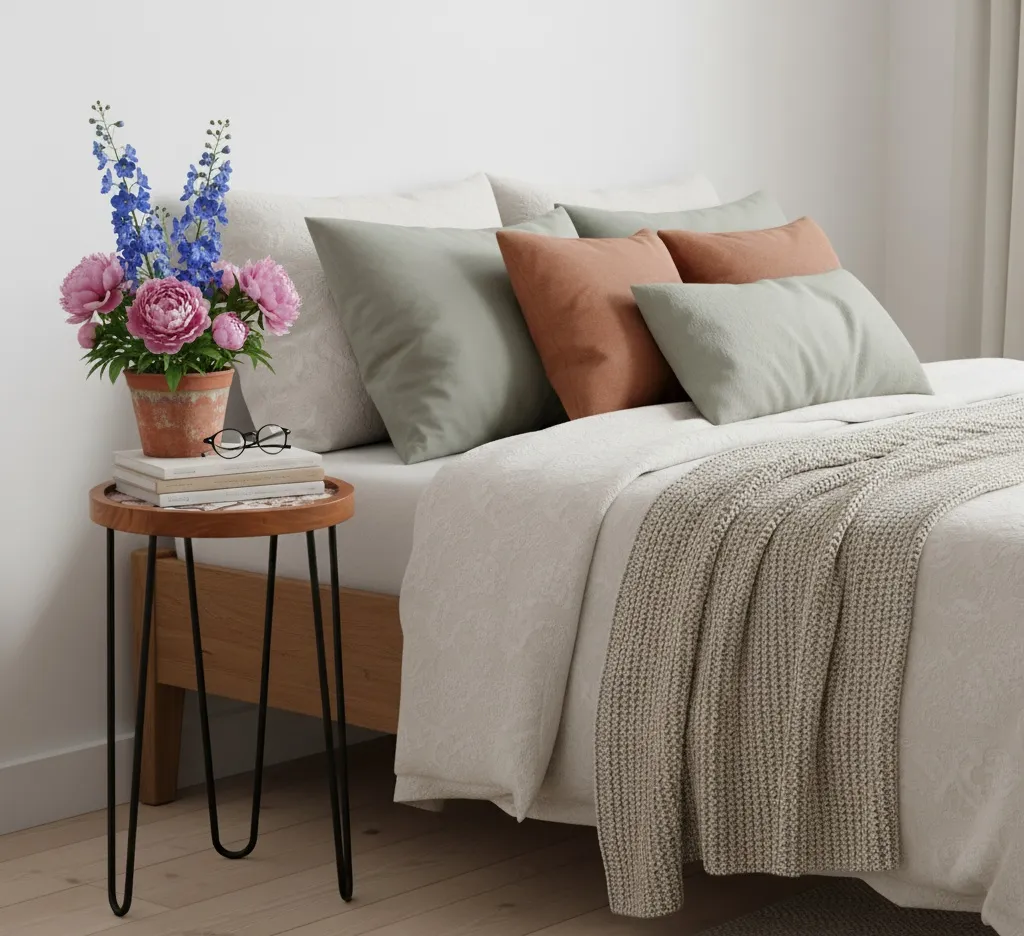 P16 Modern Tripod Bedside Stool with Floral Inlay and Iron Hairpin Legs (10*15)