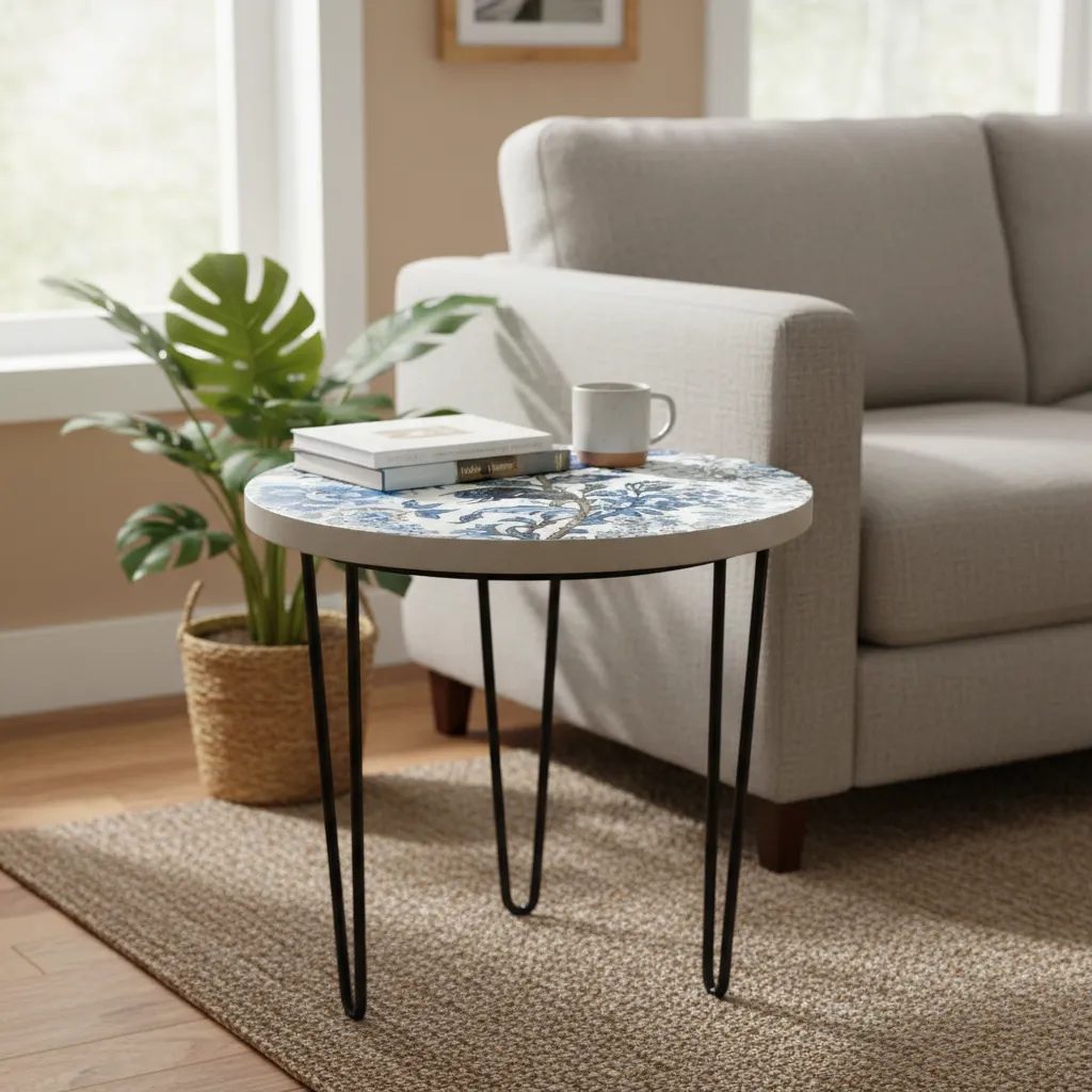Round Blue Floral Enamel Side Table with Black Iron Hairpin Legs - Set of 3 Sizes