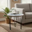 P18 Round Blue Floral Enamel Side Table with Black Iron Hairpin Legs - Set of 3 Sizes