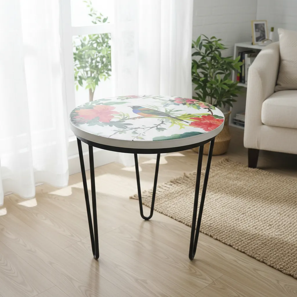 P21 Handcrafted Floral Bird Enamel Top Side Table with Iron Hairpin Legs – Set of 3 Sizes (10*15)