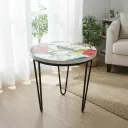 Handcrafted Floral Bird Enamel Top Side Table with Iron Hairpin Legs – Set of 3 Sizes