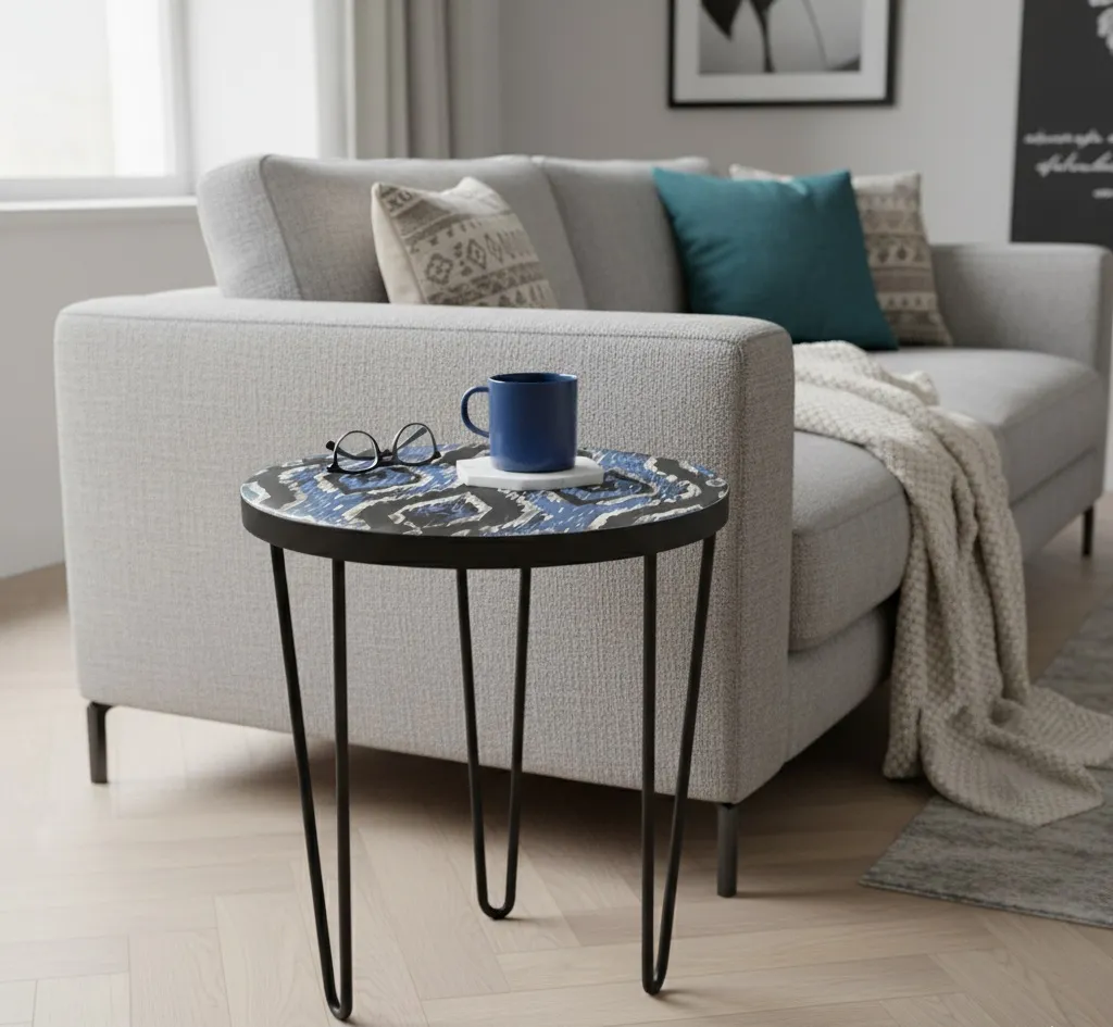 Modern Blue & Grey Ikat Artwork Accent Stool - Durable Smooth Top Side Table