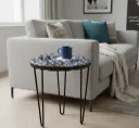 Modern Blue & Grey Ikat Artwork Accent Stool - Durable Smooth Top Side Table