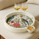 P18 Vibrant Round Wooden Serving Tray with Exotic Birds & Blooming Floral Decal, Enamel Coated