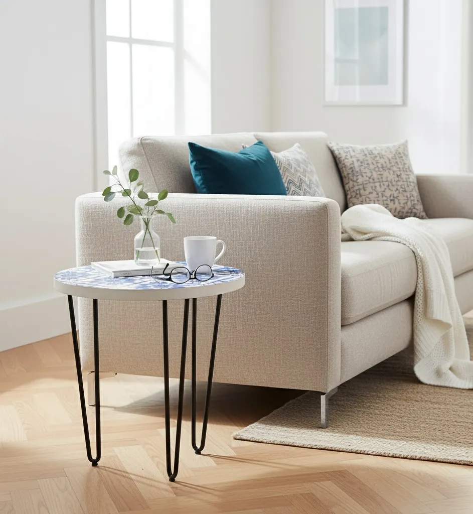 Handcrafted Blue Floral Nesting Side Table with Black Iron Hairpin Legs – White Enamel Top Accent Stool
