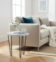 Handcrafted Blue Floral Nesting Side Table with Black Iron Hairpin Legs – White Enamel Top Accent Stool