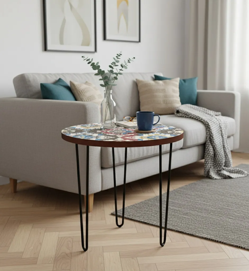 P25 Handcrafted Round End Table with Colorful Ikat Enamel Top and Black Iron Hairpin Legs (10*15)