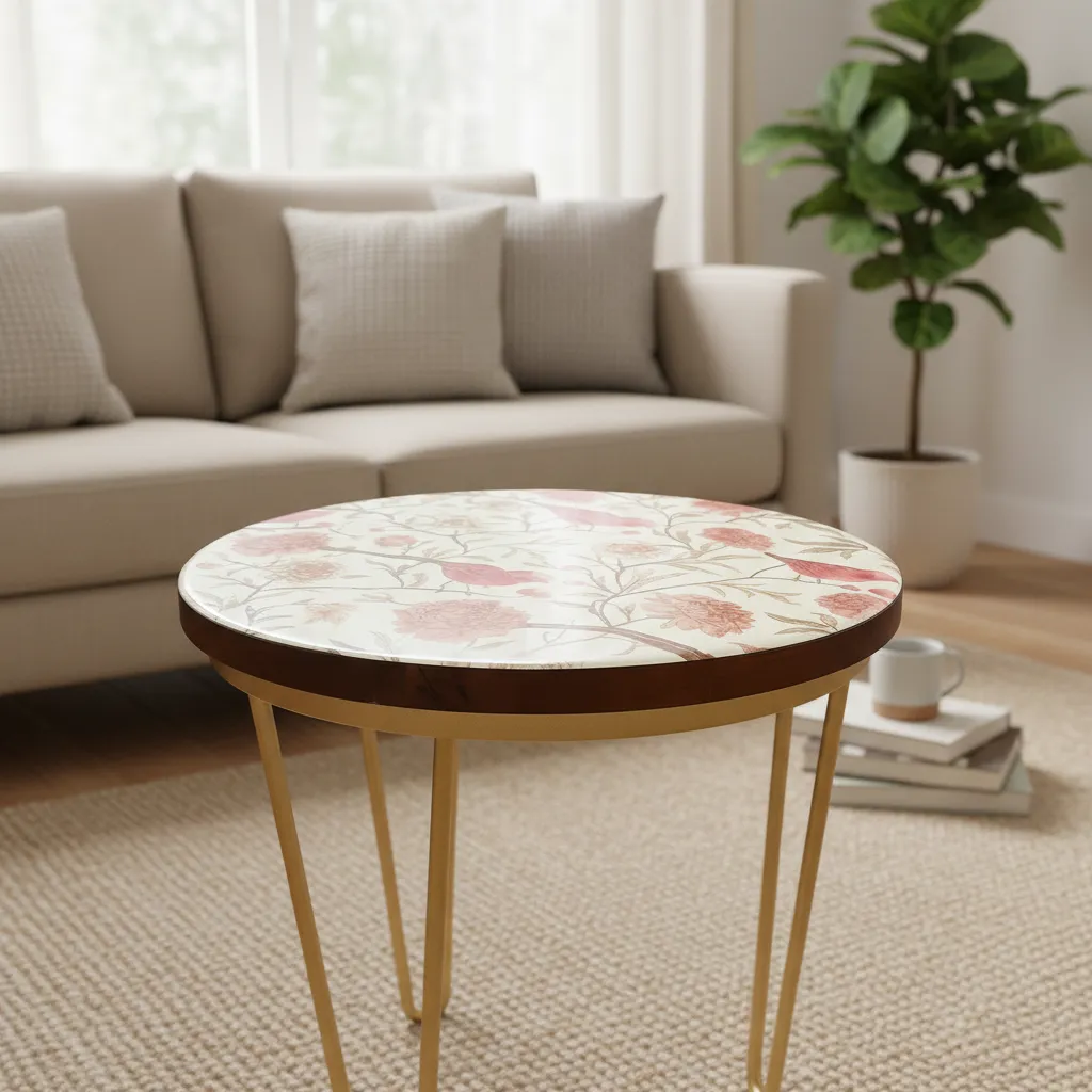 Round Decorative Accent Table – Pink Bird & Botanical Print with Gold Iron Legs