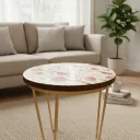 Round Decorative Accent Table – Pink Bird & Botanical Print with Gold Iron Legs