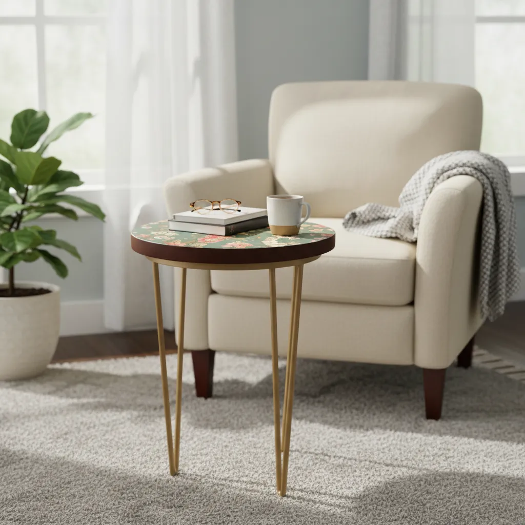 P28 Chinoiserie Floral Nesting Stool with Gold Hairpin Legs & Enamel Art Top (10*15)