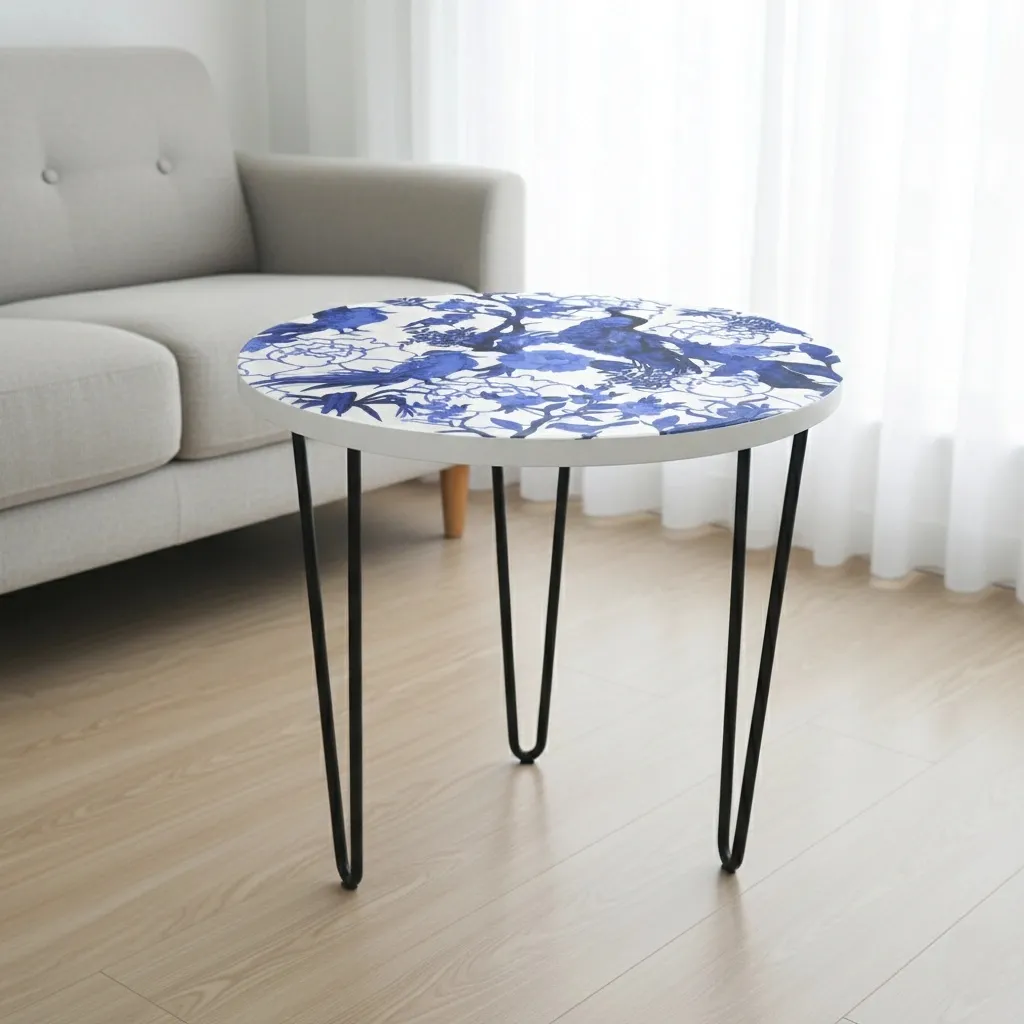 Blue and White Chinoiserie Round Side Table with Black Iron Hairpin Legs