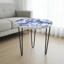 Blue and White Chinoiserie Round Side Table with Black Iron Hairpin Legs