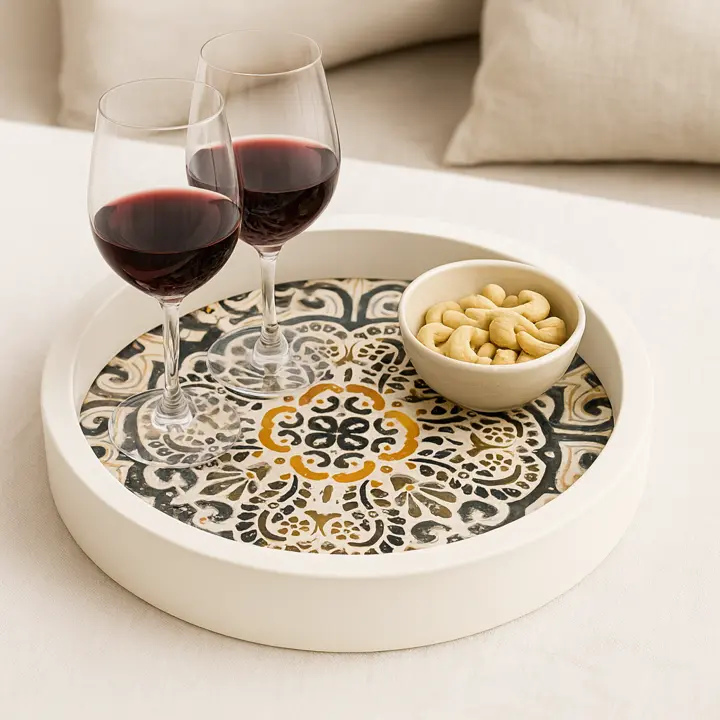 P21 Handcrafted Moroccan Tile Design Wooden Serving Tray - Round Decorative Tray with Enamel Coat