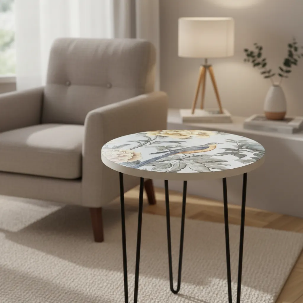 Handcrafted Wooden Accent Stool with Enamel Decal Top and Sturdy Metal Base