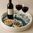 P22 Chinoiserie Peacock & Floral Wooden Serving Tray - Blue & White Decorative Round Tray 