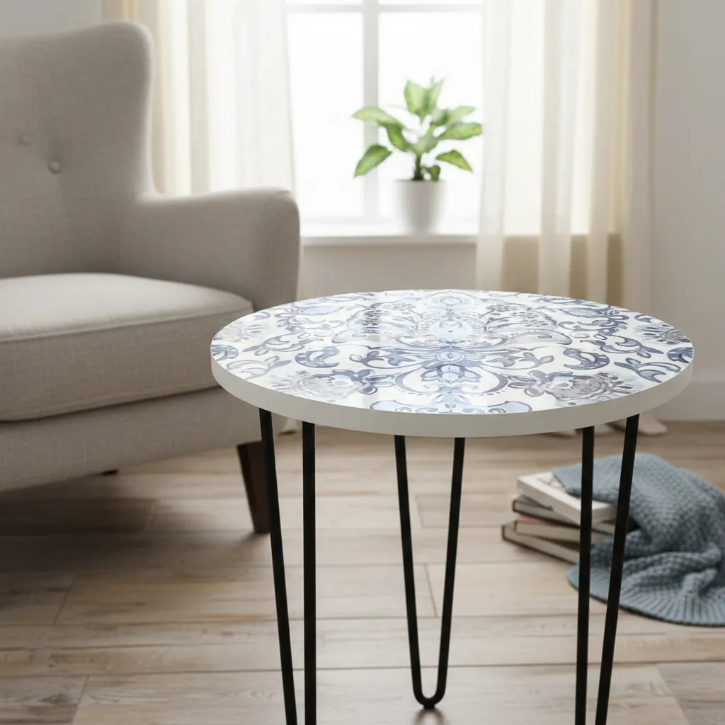 Handcrafted Round Accent Side Table with Blue Mandala Enamel Top and Iron Hairpin Legs