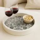 P24 Distressed Blue & White Damask Pattern Wooden Serving Tray - Round Decorative Tray