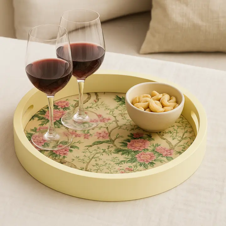 ​P27 Handcrafted Round Wooden Decorative Tray with Floral Decal - Enamel Coated 