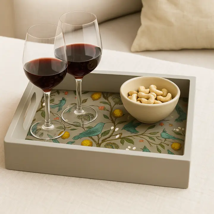 P29 Chic Rectangular Wooden Serving Tray with Hummingbird & Lemon Decal - Grey Finish 