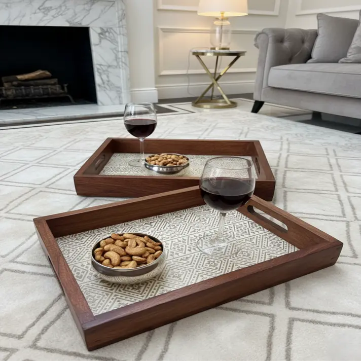 P72 Bohemian Rectangular Wooden Serving Tray with Geometric Diamond Pattern