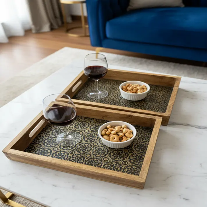 P73 Artisan Rectangular Wooden Serving Tray with Intricate Mandala Pattern