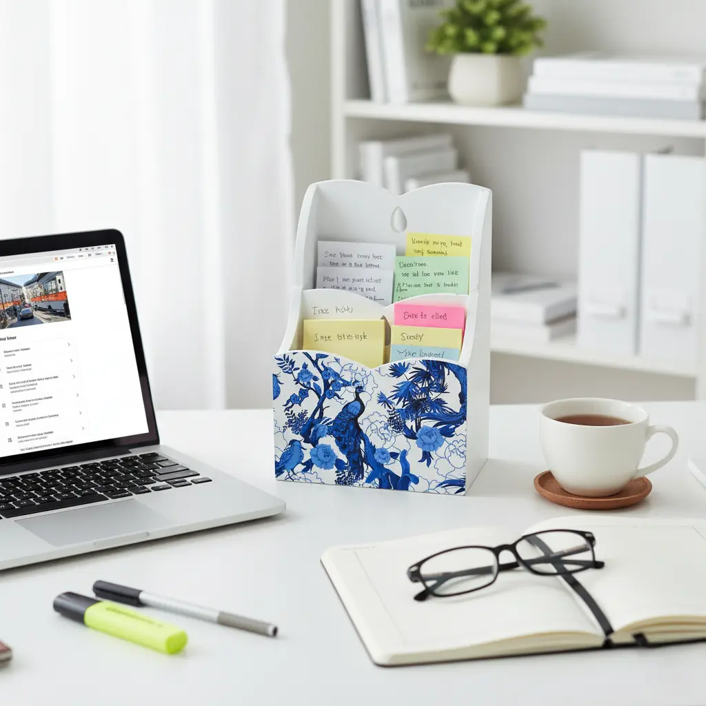 P9 "White Wooden Desk Letter Sorter & Mail Organizer