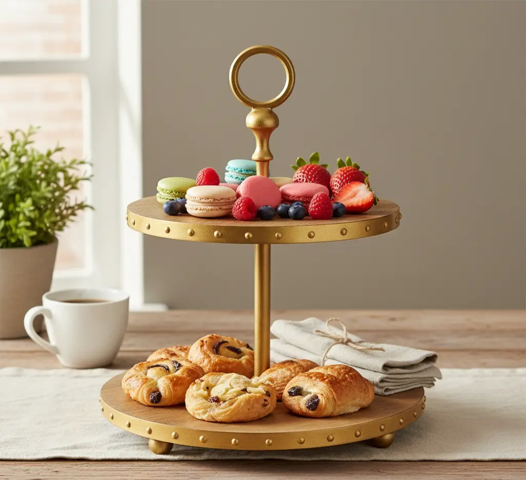 P20 Glam Brass-Trimmed Wood Two-Tier Serving Stand