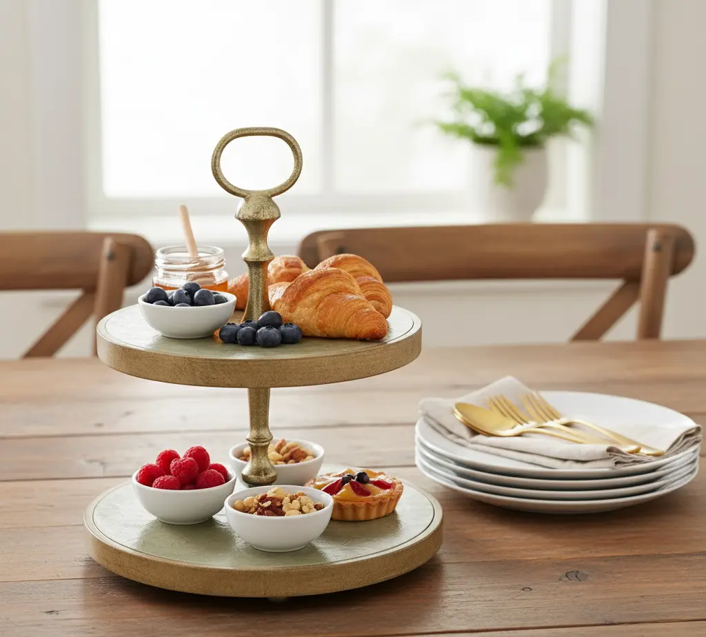 P26 Elegant Two-Tier Antique Gold Serving Stand