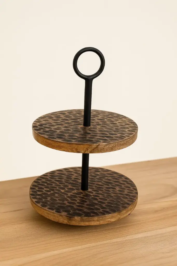 2-Tier Textured Wood & Matte Black Metal Serving Stand / Rustic Farmhouse Display