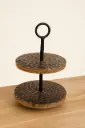 2-Tier Textured Wood & Matte Black Metal Serving Stand / Rustic Farmhouse Display