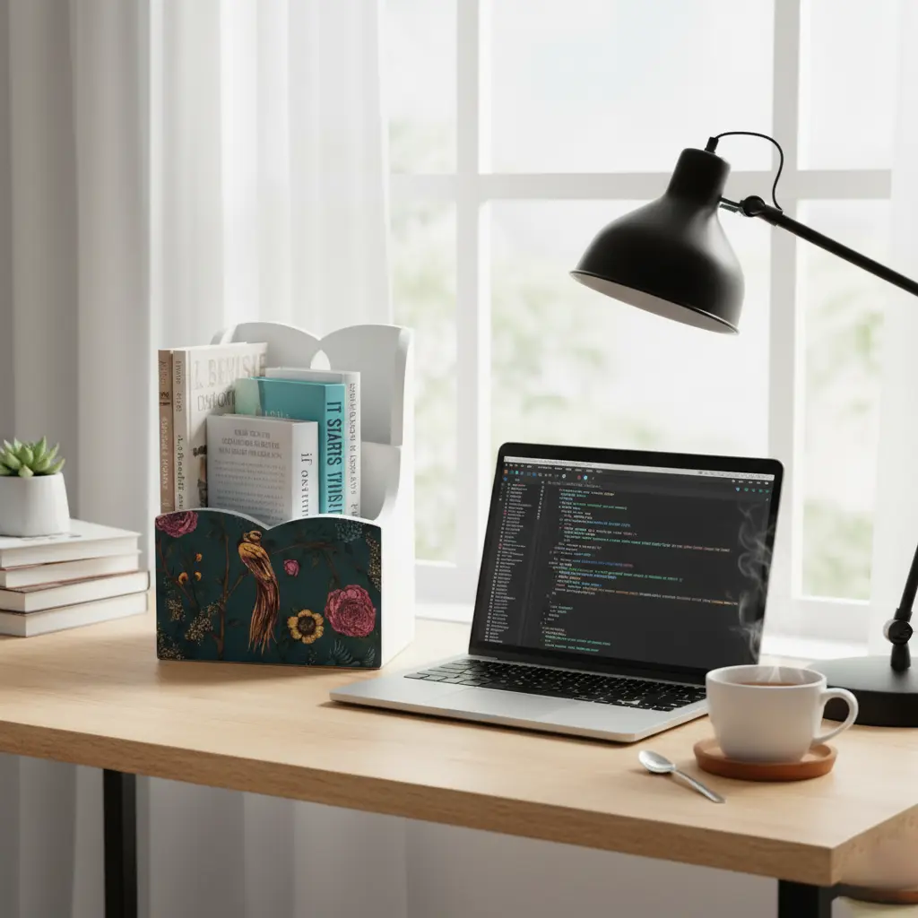 P22 "Exotic Floral & Golden Bird Wooden Desk Organizer "