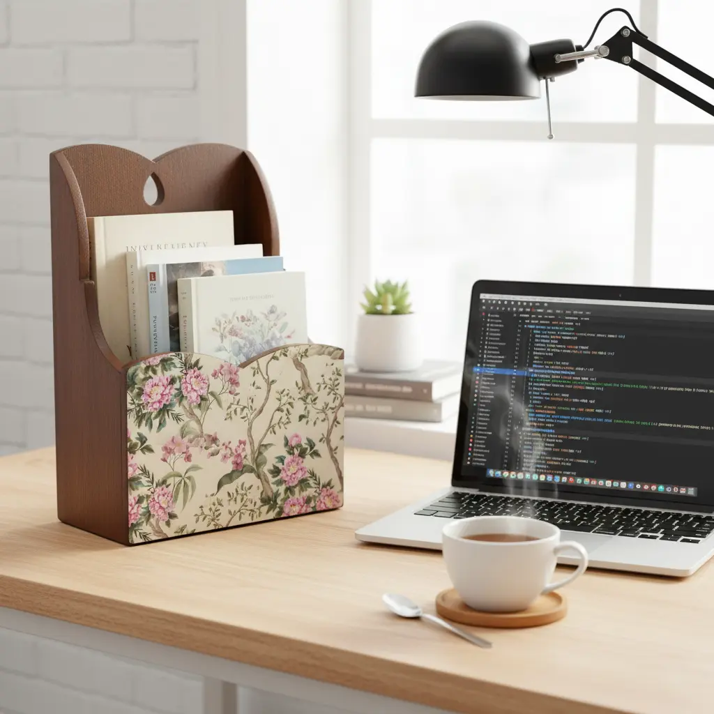 P29"Shabby Chic Peony Wooden Desk Organizer"