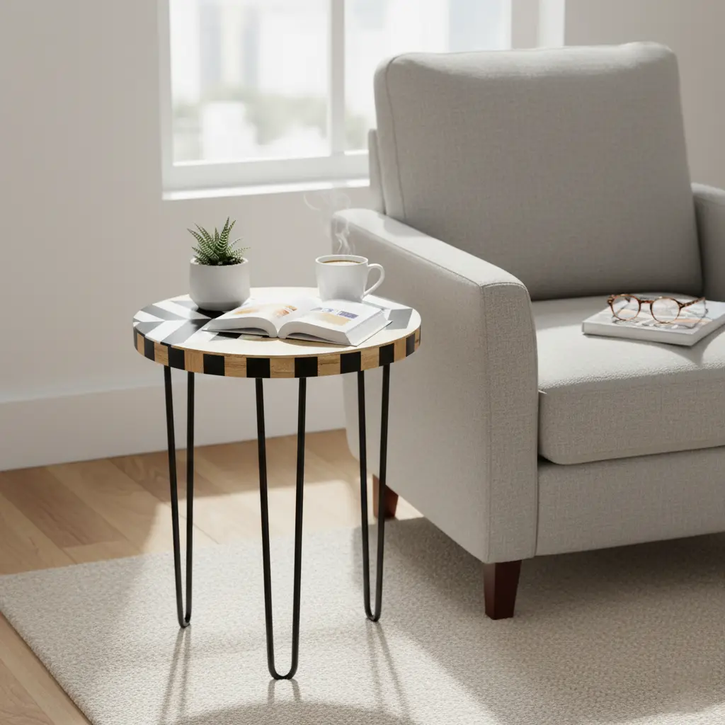 P2 Mid-Century Modern Geometric Chevron Solid Wood & Metal Accent Table  (14inch(D) * 18inch(H))