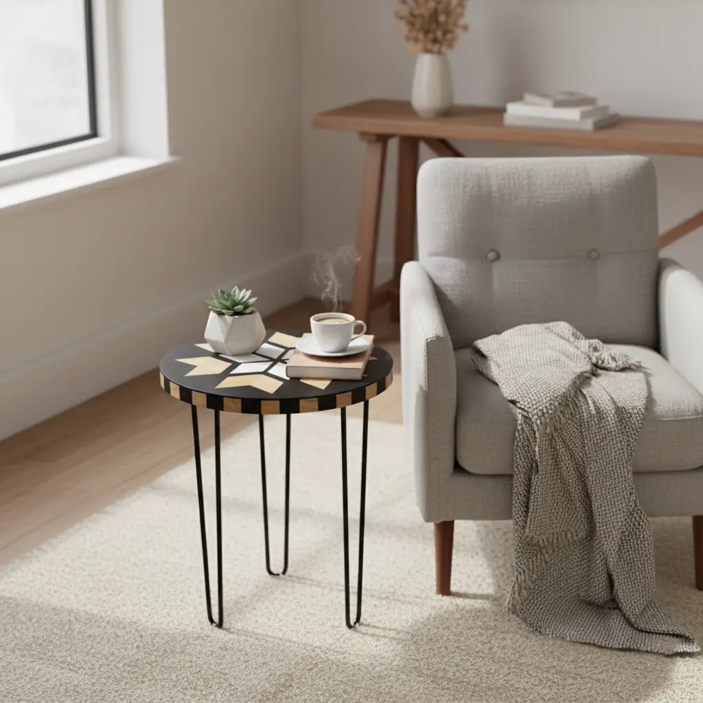 P3 Mid-Century Modern Black Resin and Wood Inlay Accent Table