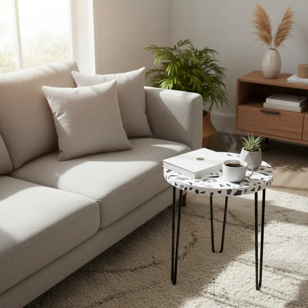 P4 Modern Terrazzo Accent Side Table | Compact Round Coffee Table with Hairpin Legs | Available in 3 Sizes