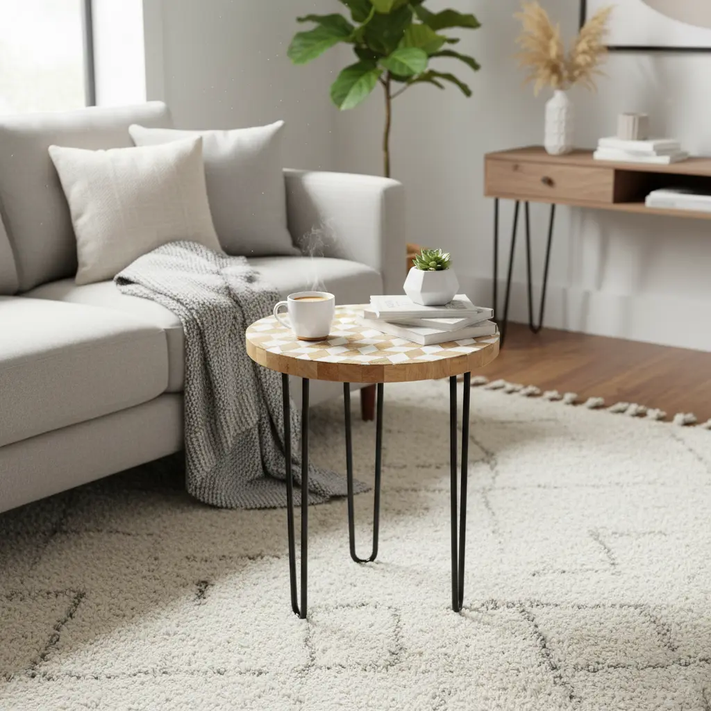 P5 Geometric Wood Mosaic Accent Table | Round Mid-Century Side Table with Hairpin Legs | Available in 3 Sizes (14inch(D) * 18inch(H))