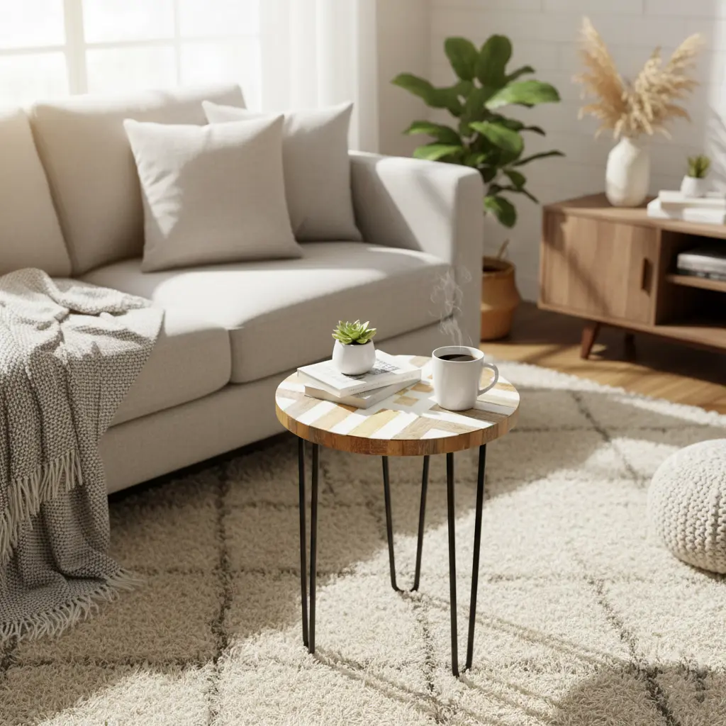 P6 Modern Geometric Wood Mosaic Accent Side Table | Compact, Durable Metal Hairpin Legs