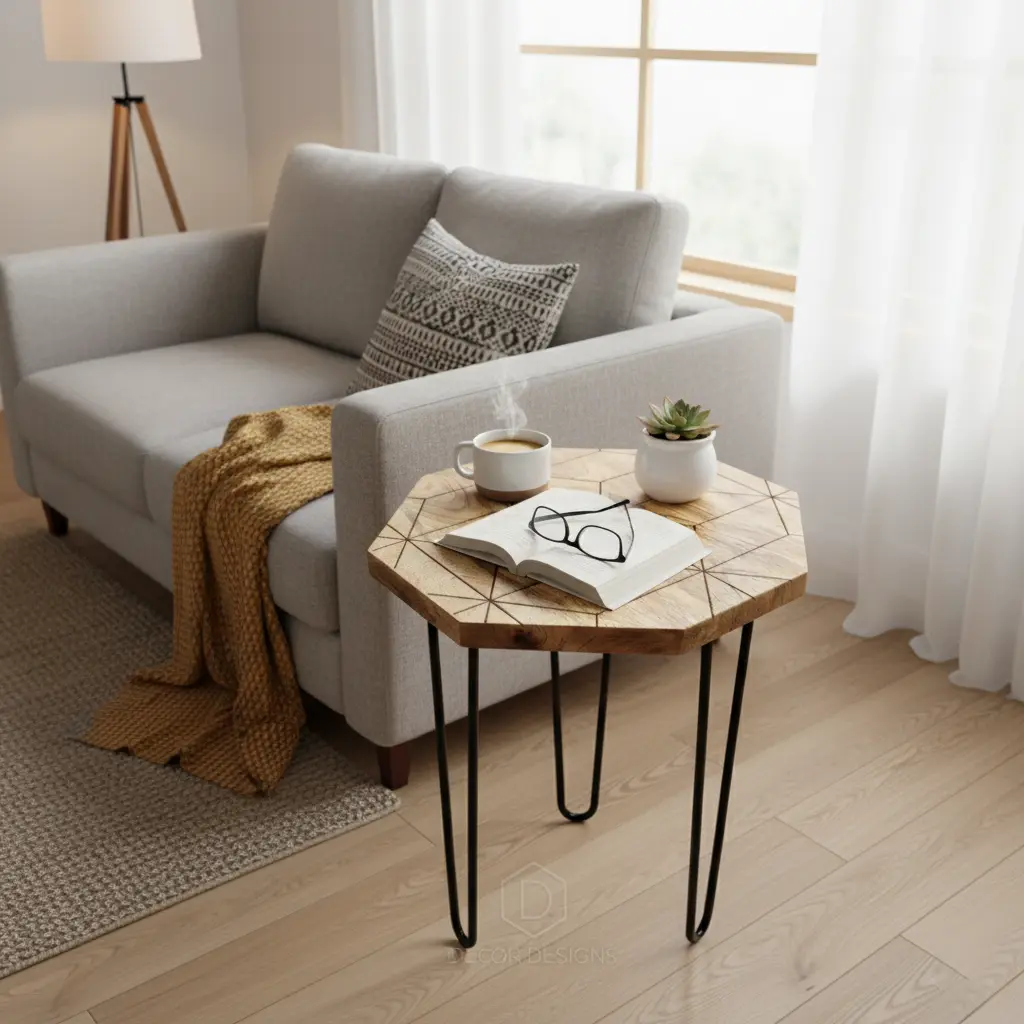 P10 Geometric Octagon Wood Accent Table | Mid-Century Modern Hairpin Legs | Artisanal Engraved Side Table (14inch(D) * 18inch(H))