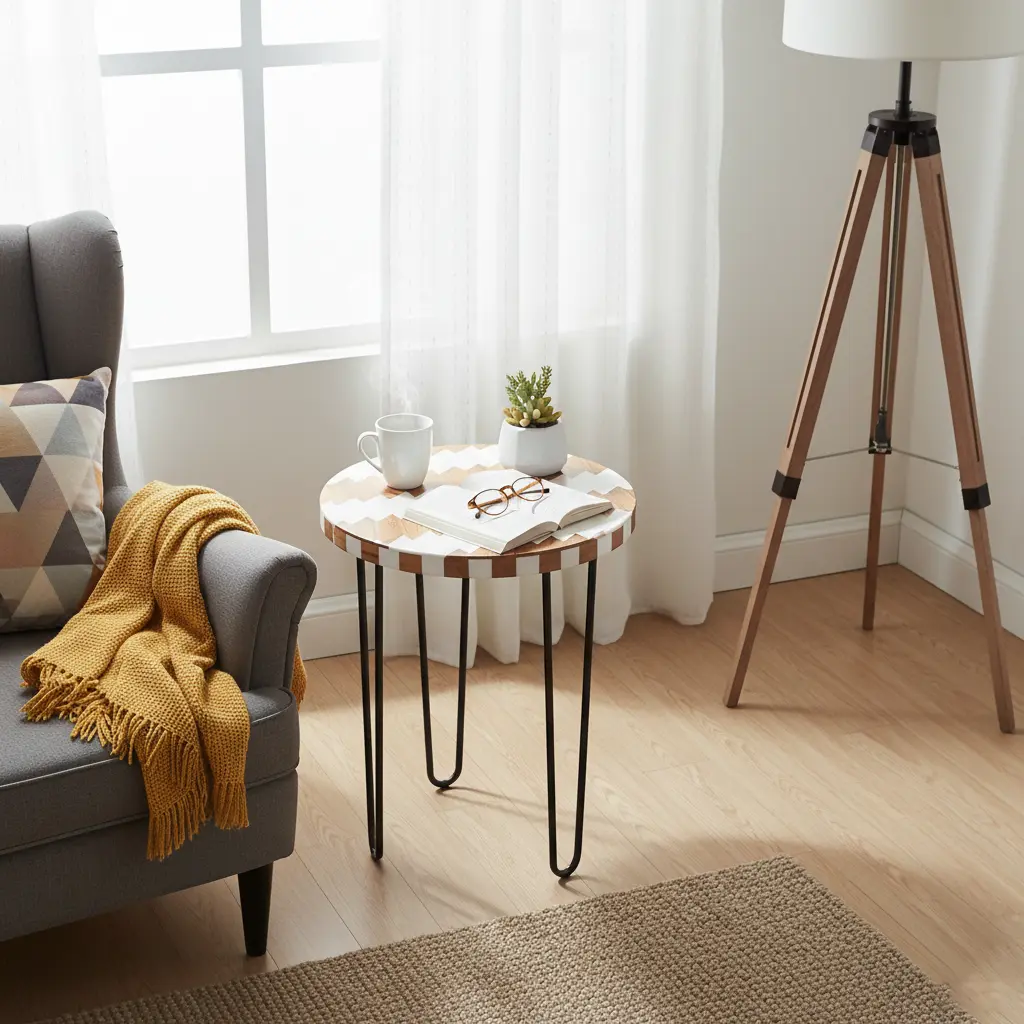 P11 Chevron Pattern Wood & Resin Round End Table | Mid-Century Modern Hairpin Legs | Boho Accent Side Table (14inch(D) * 18inch(H))