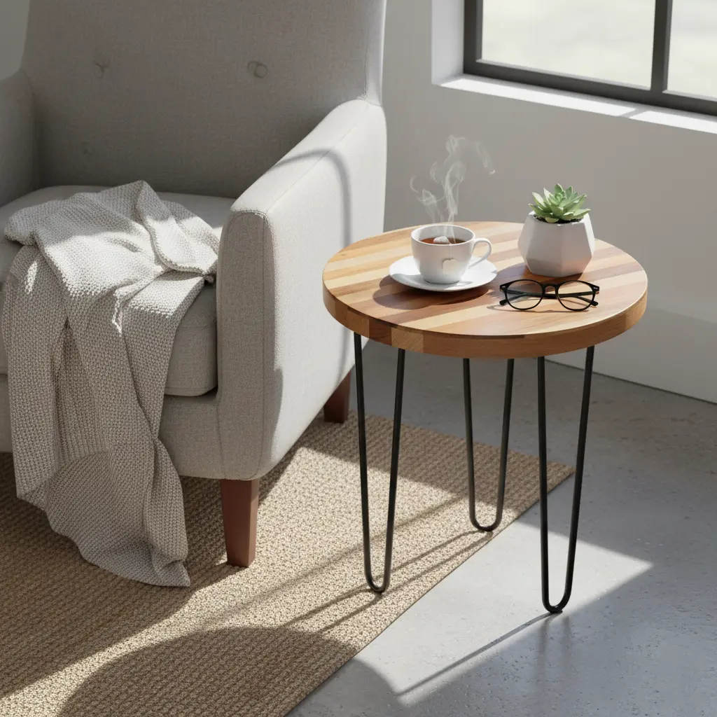 P13 Mid-Century Modern Artisanal Wood Round Side Table with Hairpin Legs - 3 Sizes (14inch(D) * 18inch(H))