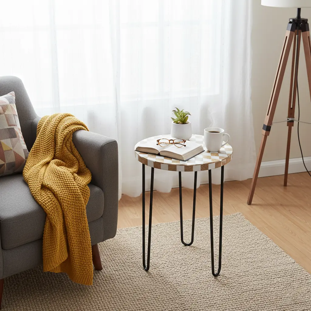 P14 Mid-Century Modern Checkerboard Wood Round Side Table with Hairpin Legs - 3 Sizes