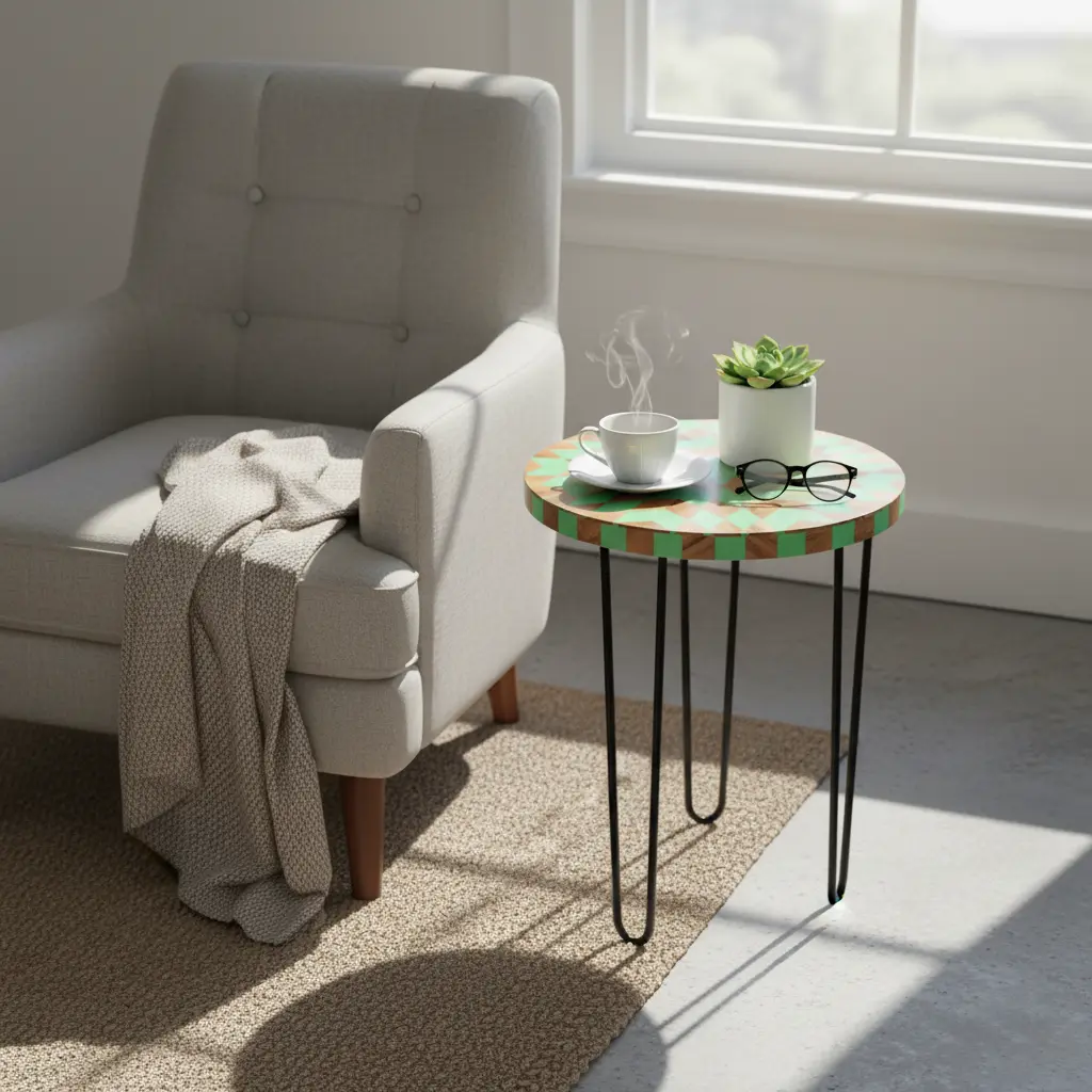 P16 Mid-Century Modern Green & Wood Starburst Geometric Round Side Table - 3 Sizes