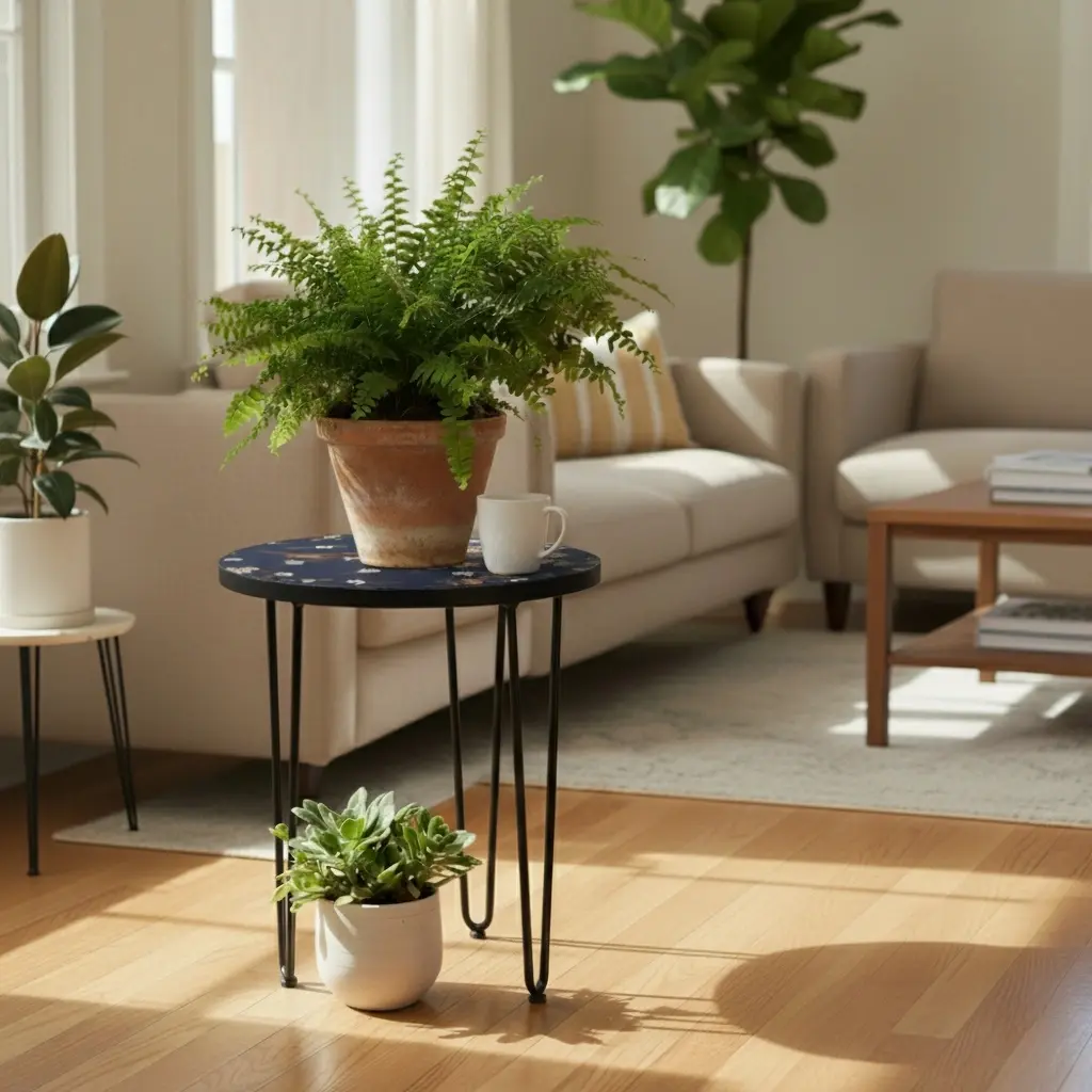 PP5 Midnight Blue Floral & Bird Inlay Round Side Table with Black Hairpin Legs - 3 Sizes (14inch(D) * 18inch(H))