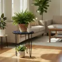 PP5 Midnight Blue Floral & Bird Inlay Round Side Table with Black Hairpin Legs - 3 Sizes